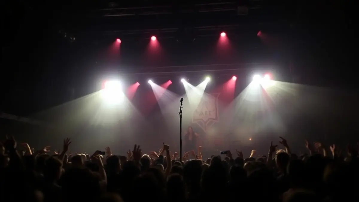 Imatge genèrica d'un escenari de concert de música metal amb il·luminació dramàtica i públic difuminat.