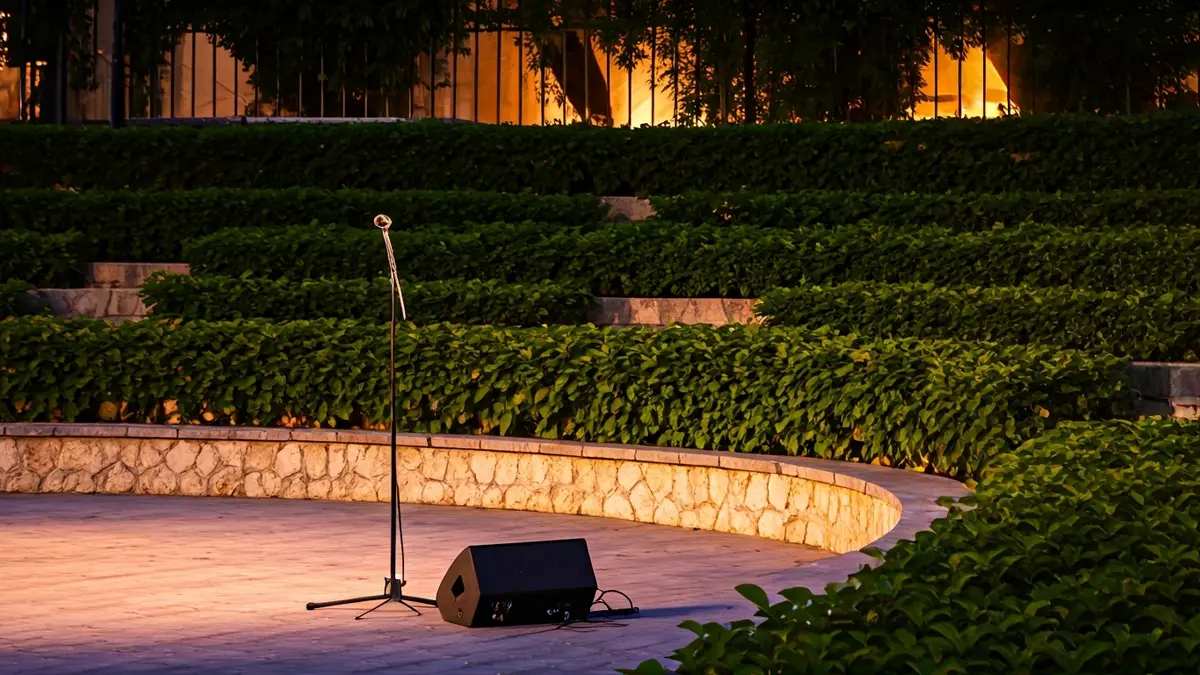 Imagen genérica de un anfiteatro al aire libre al anochecer, con un micrófono iluminado.