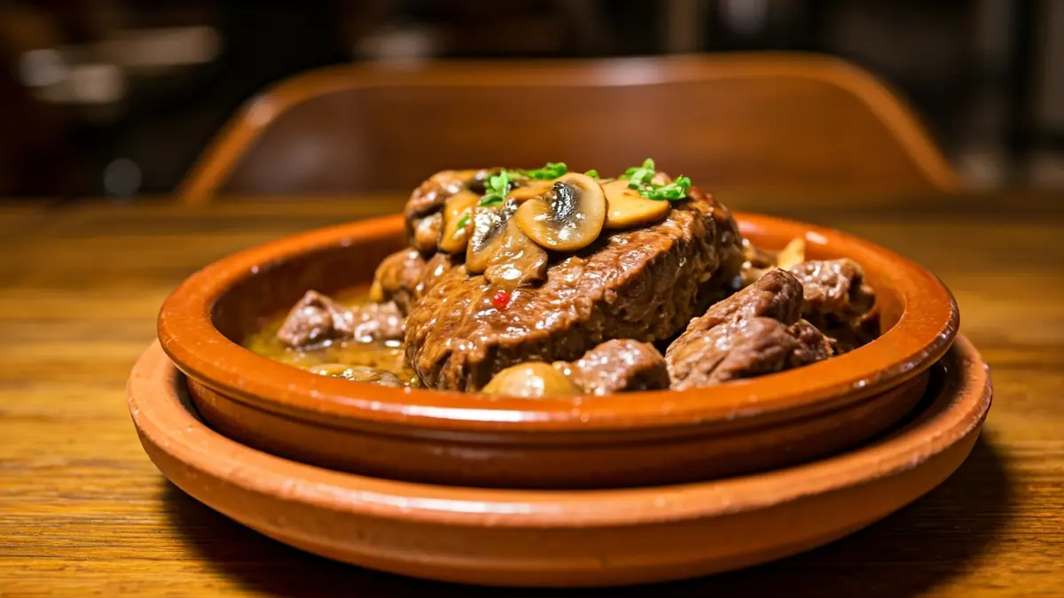 Imatge d'un plat de fricandó tradicional català en un bol rústic.
