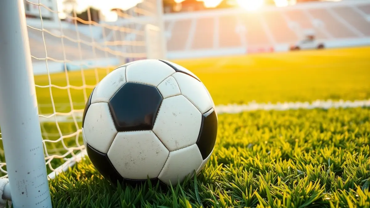 Generic image of a soccer ball on a green pitch, with a blurred goal net in the background.