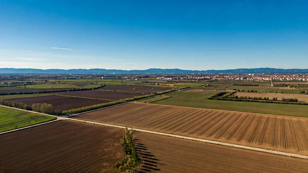 Imagen genérica de un terreno rural sin urbanizar, con campos y árboles dispersos, bajo un cielo azul.