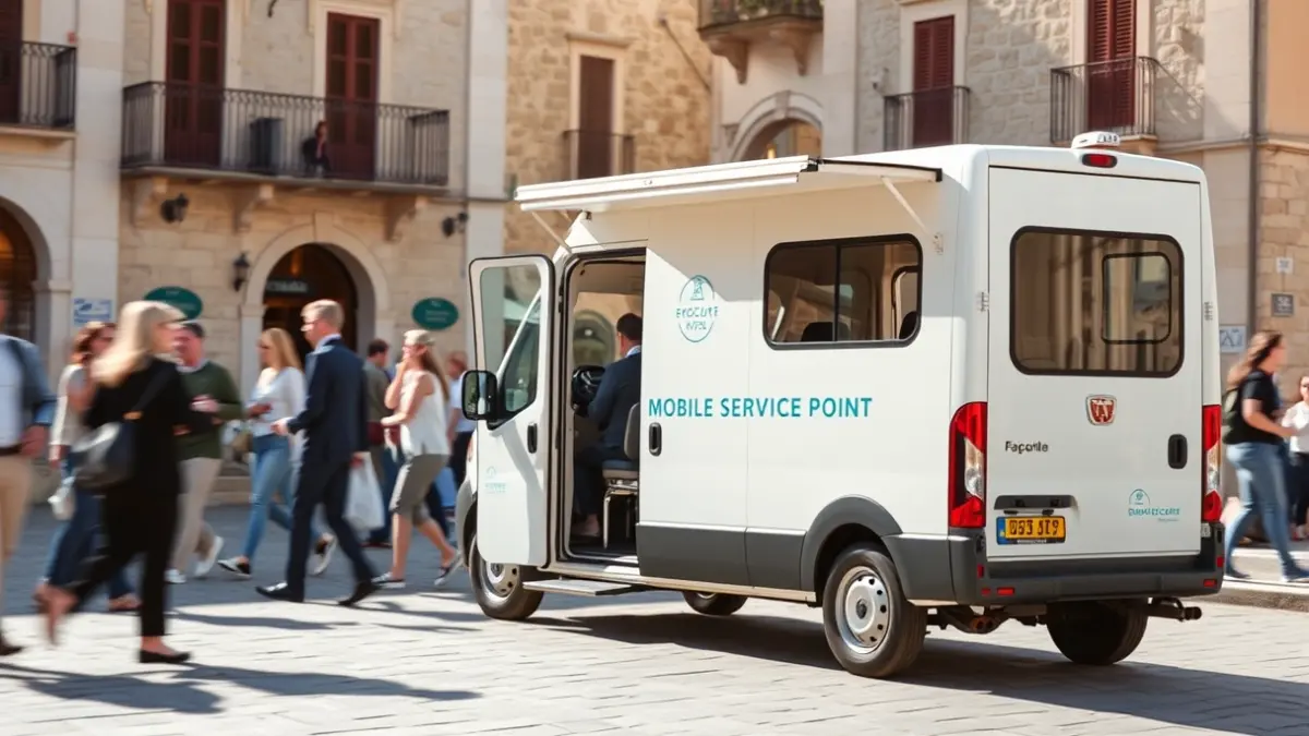 Mobile citizen service office in a town square.
