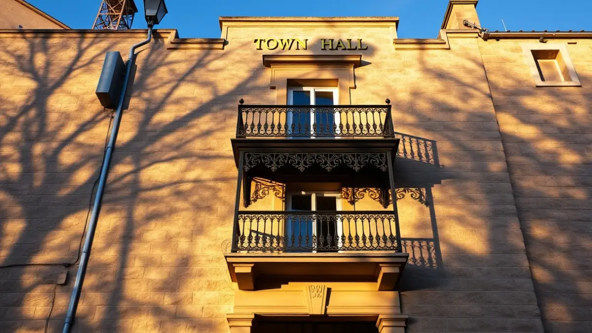 Façana de l'Ajuntament de Tortosa sota la llum del sol.