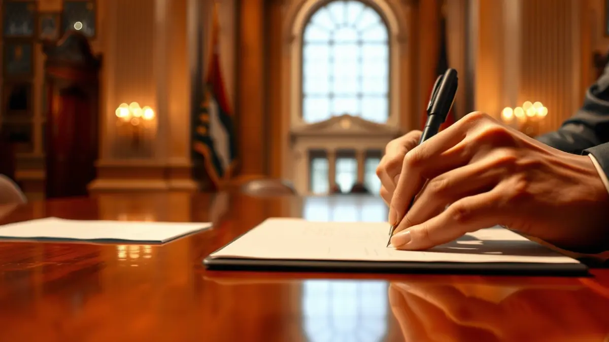 Generic image of hands signing an official document, with a blurred government building in the background.