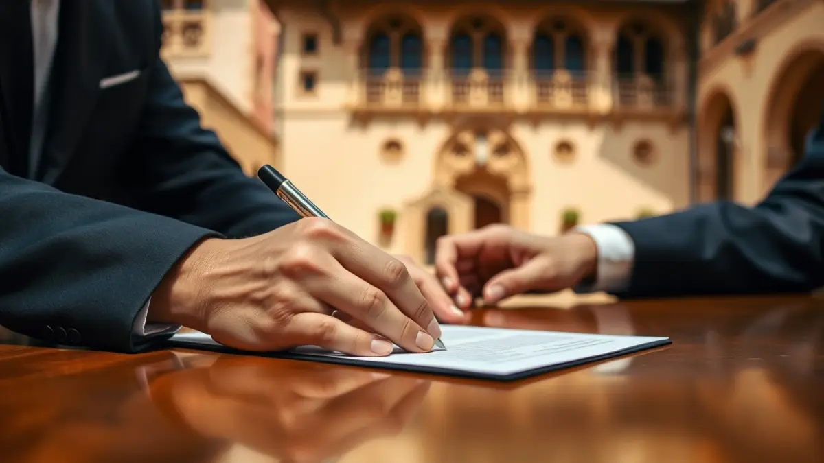 Imatge d'unes mans signant un acord sobre una taula de fusta, amb un fons desenfocat d'un edifici institucional.