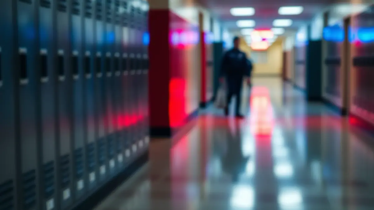 Generic image of a school hallway with police lights reflected.