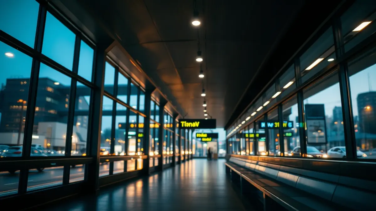 Imagen genérica de una estación de autobuses moderna y vacía con grandes ventanales.