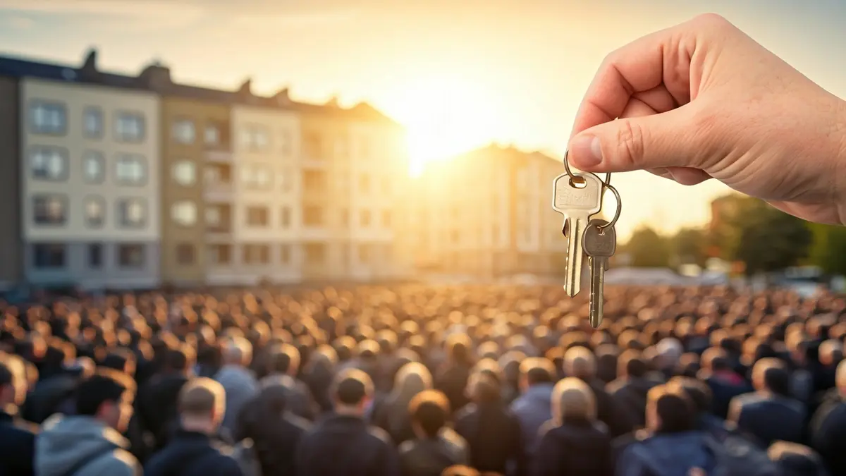 Imagen genérica de una mano sosteniendo una llave de casa con edificios de apartamentos al fondo.