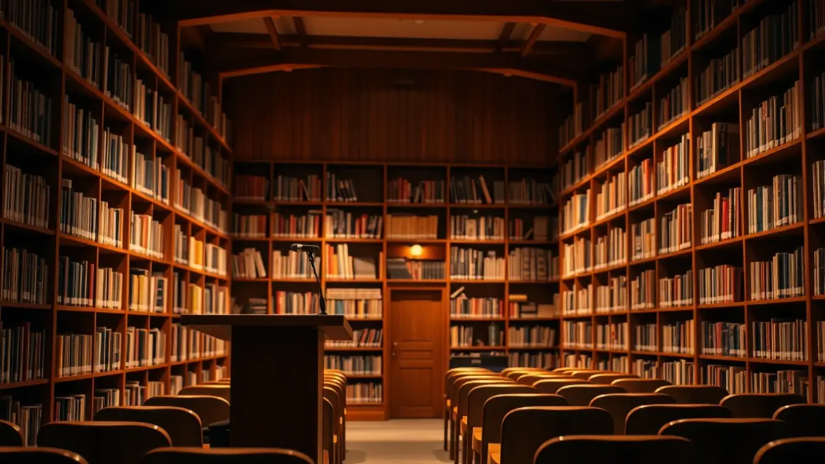 Generic image of an exhibition hall or library with chairs and a podium.