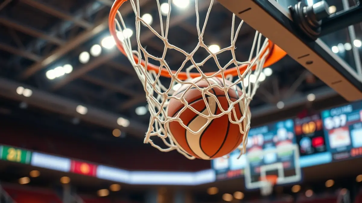 Generic image of a basketball hoop with the ball going through the net.