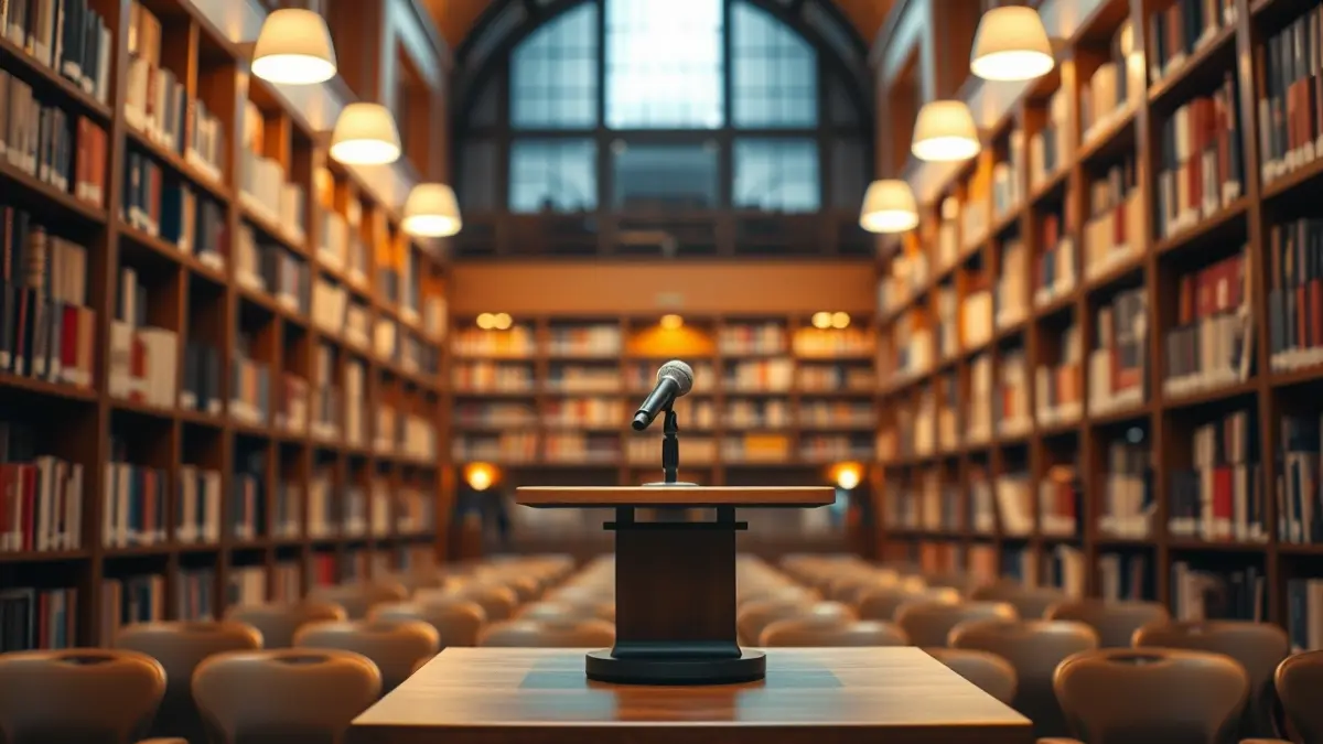 Imagen genérica de un podio con un micrófono en una sala de presentaciones o biblioteca.