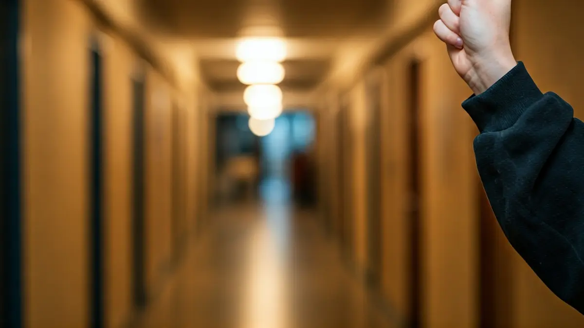Generic image of a teacher's hand holding a protest sign in a school hallway.