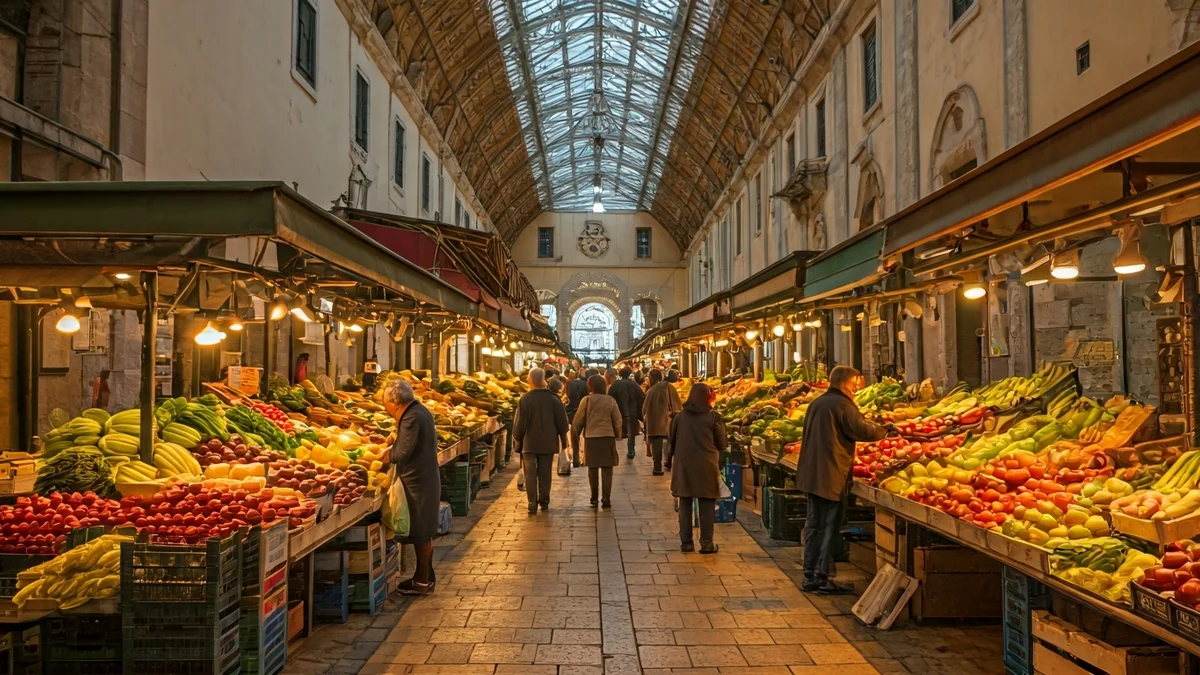 Imatge genèrica d'un mercat interior amb parades i gent comprant
