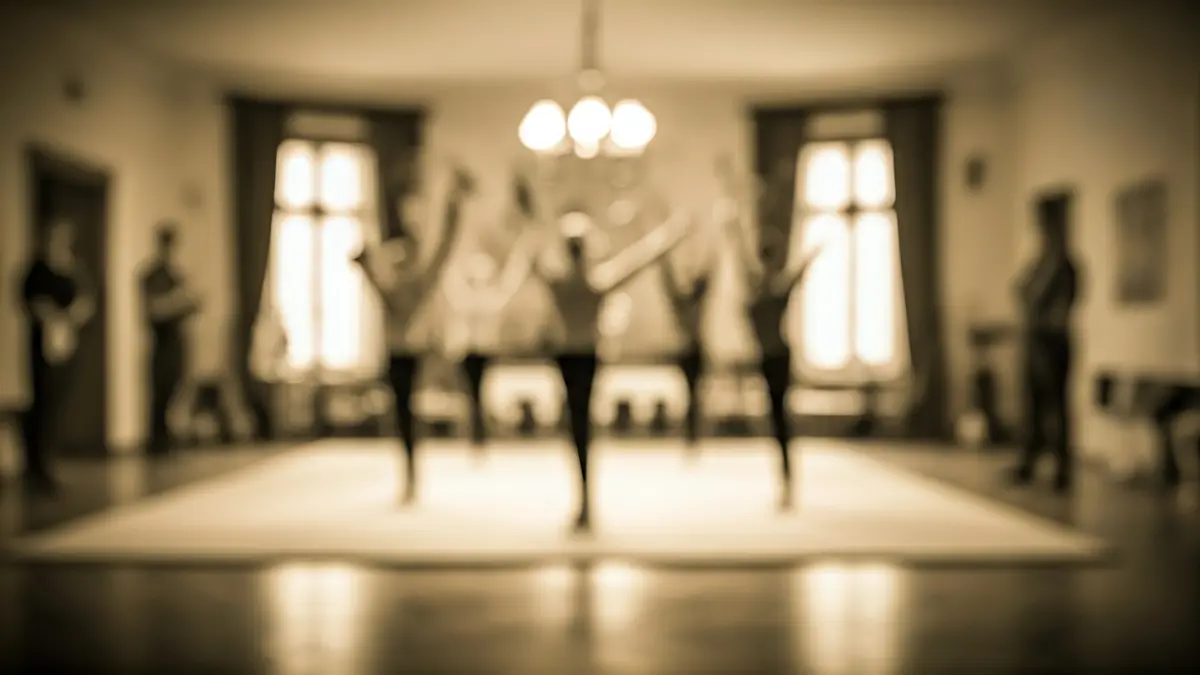 Imatge d'un rotllo de pel·lícula antiga amb una escena borrosa de gimnàstica rítmica.