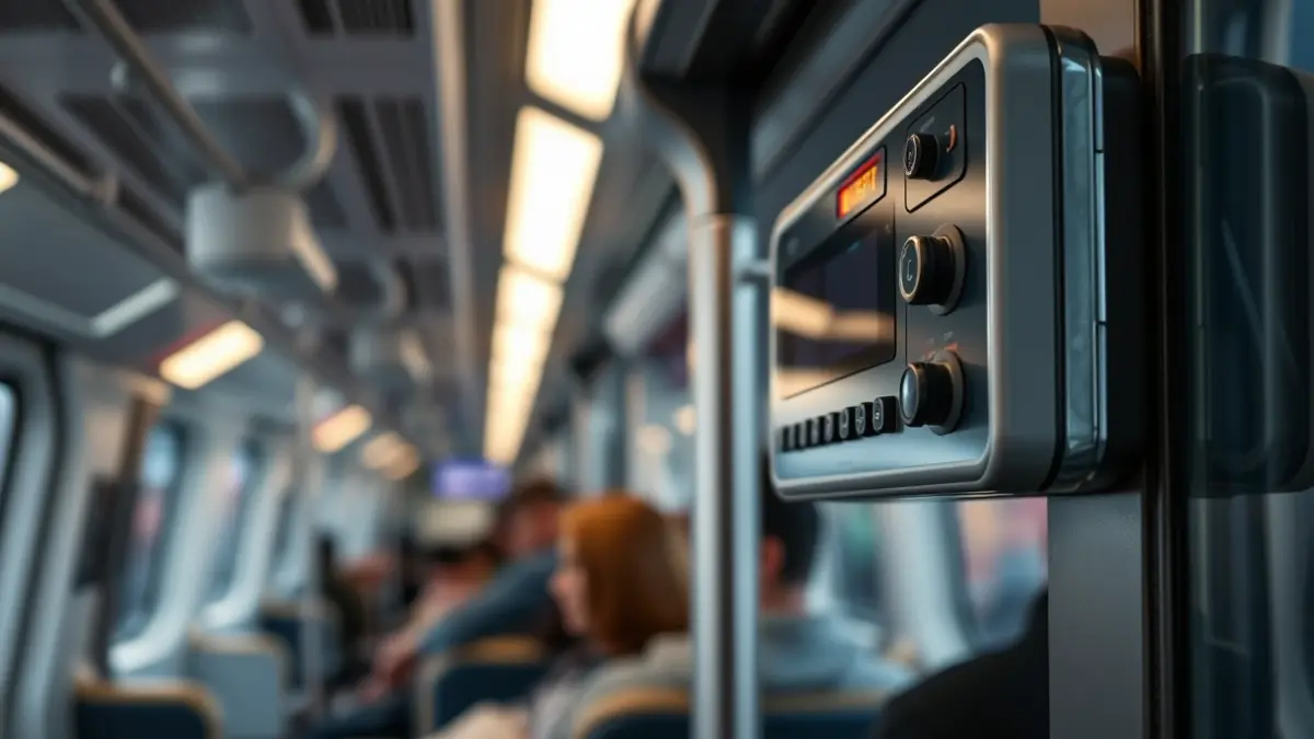 Imagen genérica del interior de un tren de metro con un panel de comunicación de emergencia.