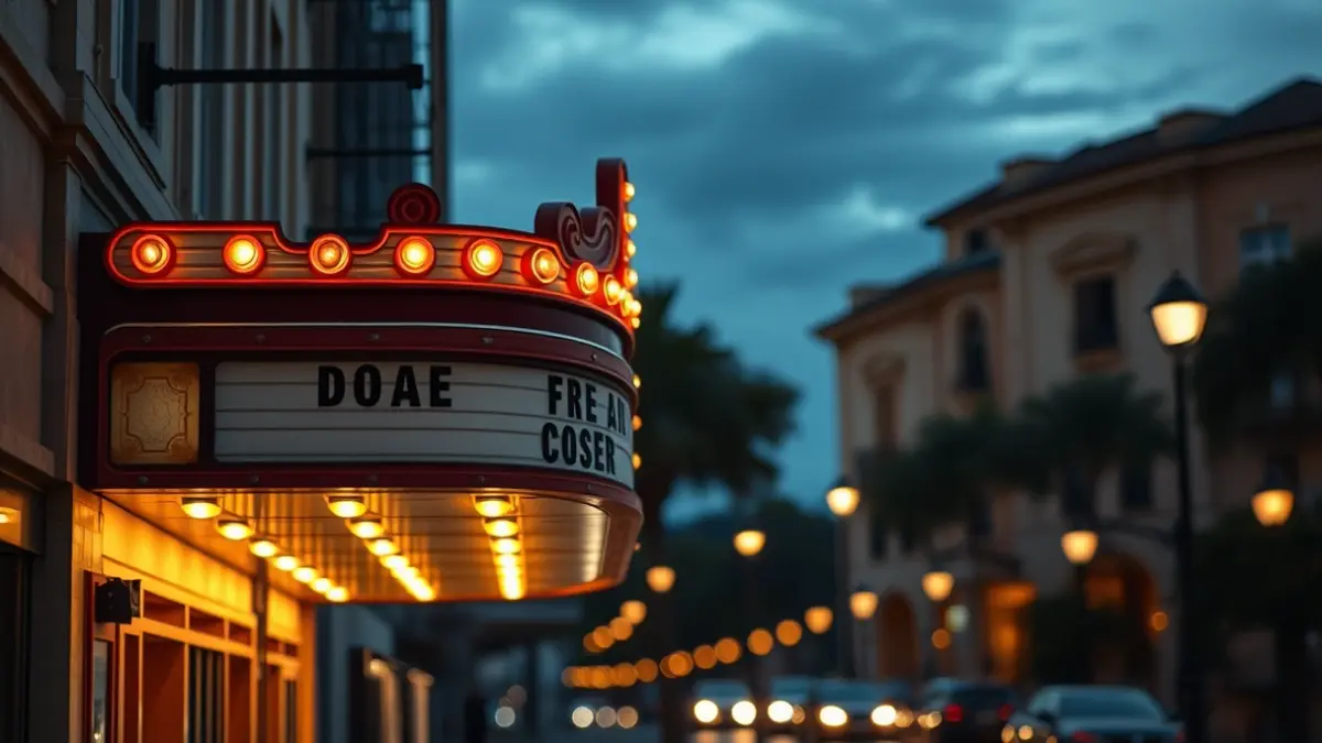 Imagen de un teatro con la marquesina iluminada al anochecer, con un ambiente que sugiere el cierre.