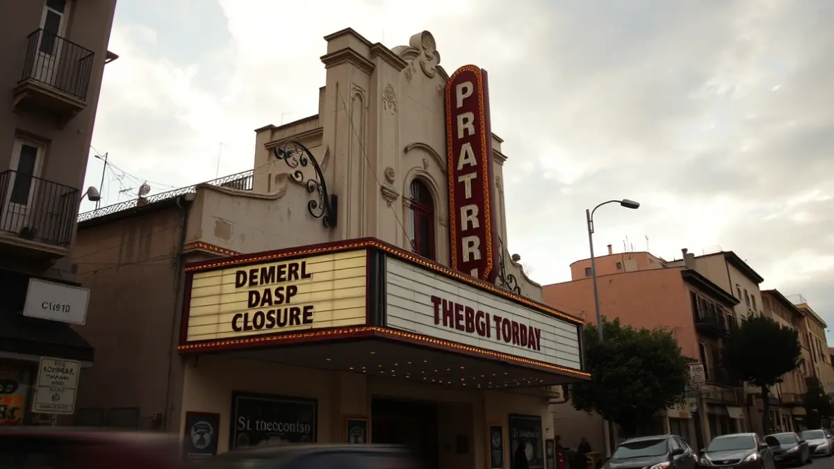Imagen de la fachada de un teatro antiguo con un letrero, mostrando signos de desgaste.