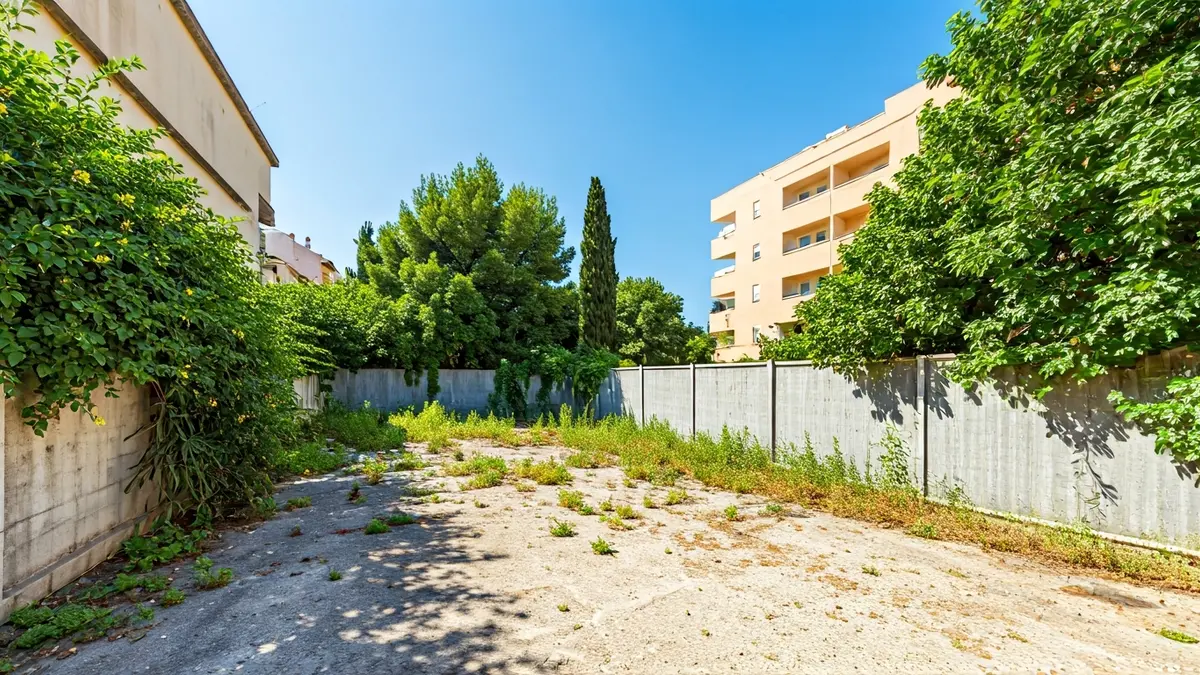 Imatge genèrica d'un solar amb vegetació creixent sense control, amb un cel blau de fons.