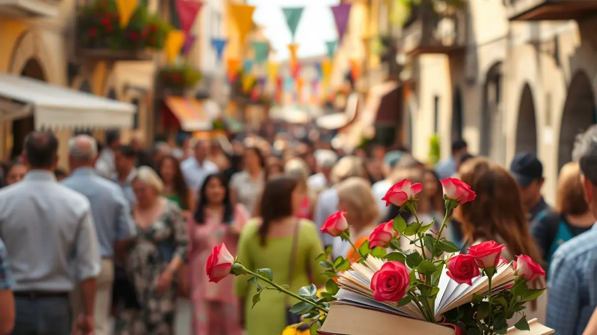Generic image of a cultural celebration with books and roses on a Mediterranean street.
