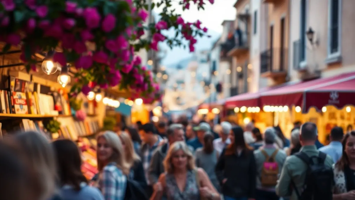 Image of a promenade with book and rose stalls during the Sant Jordi celebration.