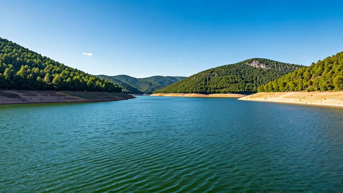 Image of a reservoir with high water levels, reflecting the sky and surrounded by greenery.