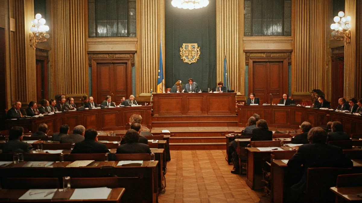 Imagen de una sesión plenaria del Ayuntamiento de Barcelona de 1975.