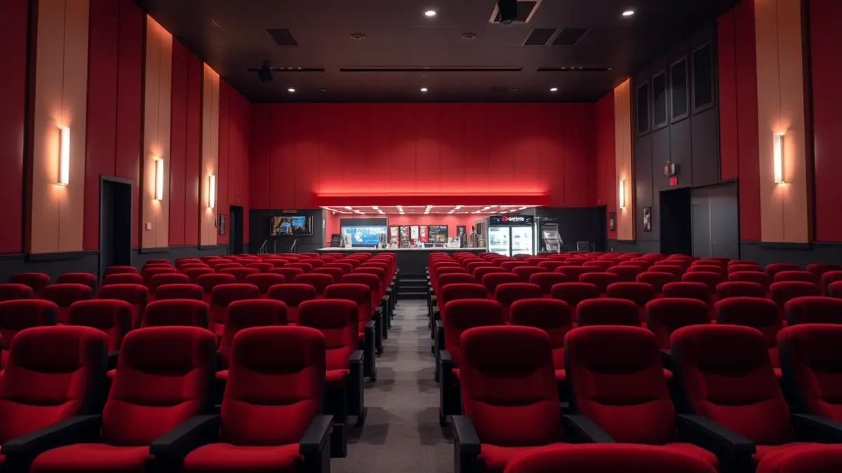 Imatge genèrica d'un vestíbul de cinema buit amb seients vermells i llums tènues.