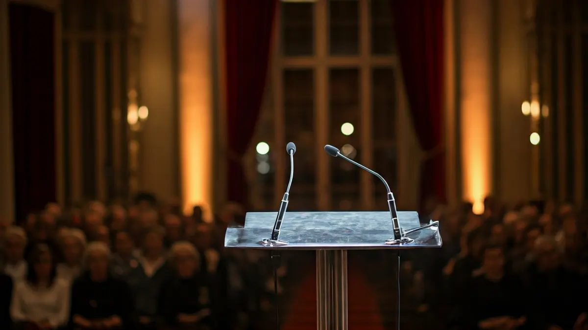 Generic image of a literary gala stage with a microphone at a podium.