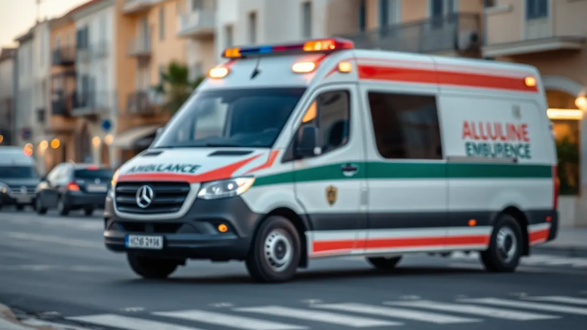 Imatge genèrica d'una ambulància moderna amb les llums d'emergència enceses.