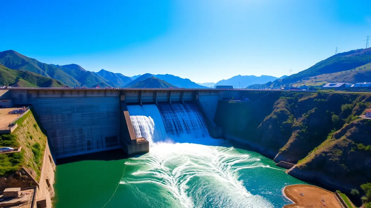 Imagen del pantano de Talarn con una compuerta abierta desaguando agua.