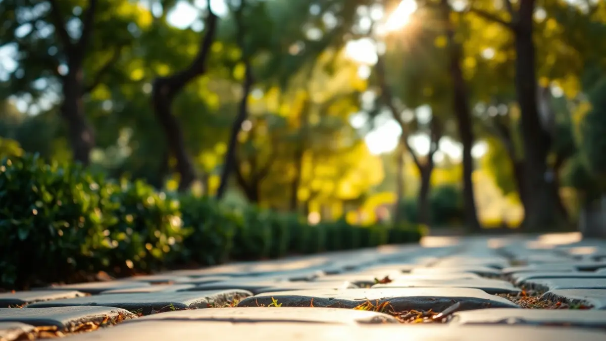 Imatge genèrica d'un camí empedrat en un parc mediterrani, amb vegetació borrosa i llum solar.