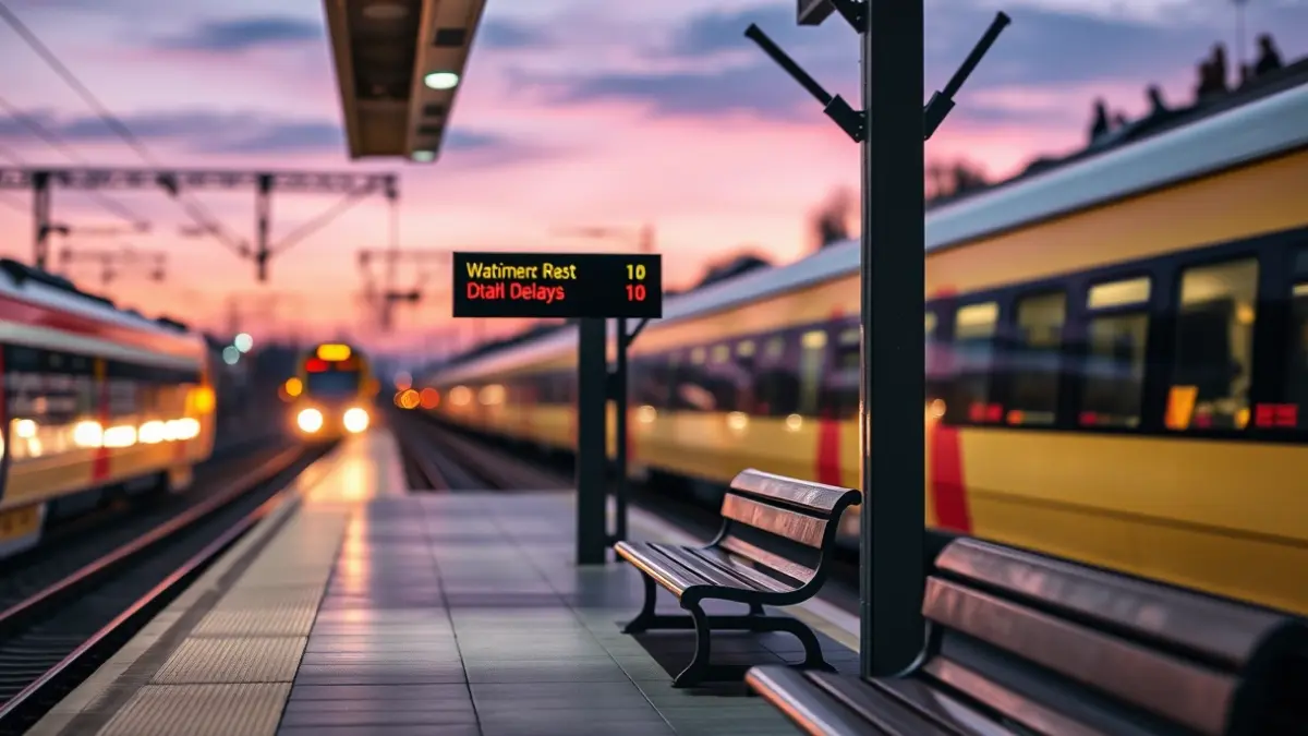 Imagen genérica de un andén de tren al anochecer, con luces borrosas de tren al fondo.
