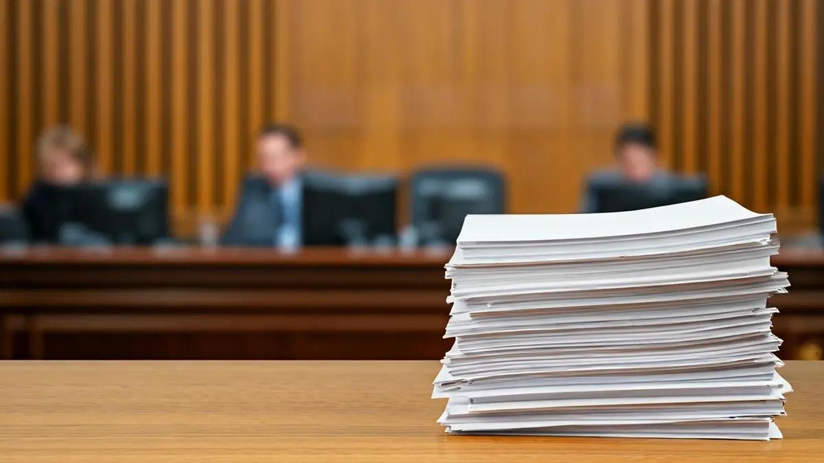 Generic image of legal documents stacked in a courthouse, symbolizing judicial workload.