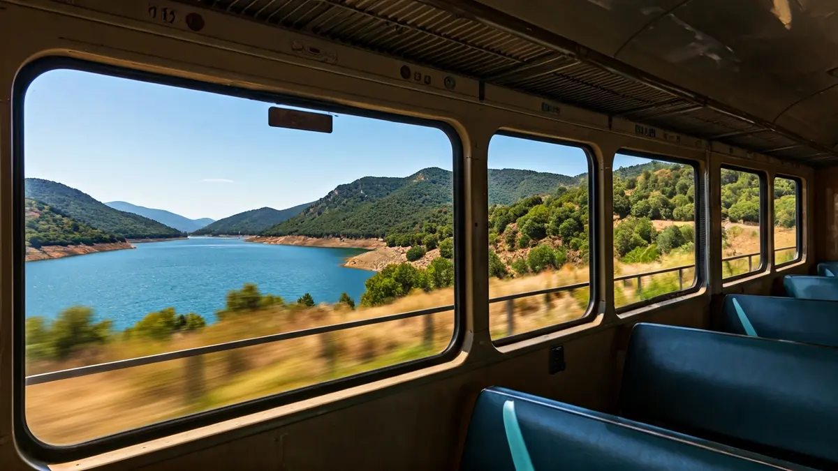 Imatge interior d'un vagó de tren amb vistes panoràmiques a un paisatge de llacs i muntanyes.
