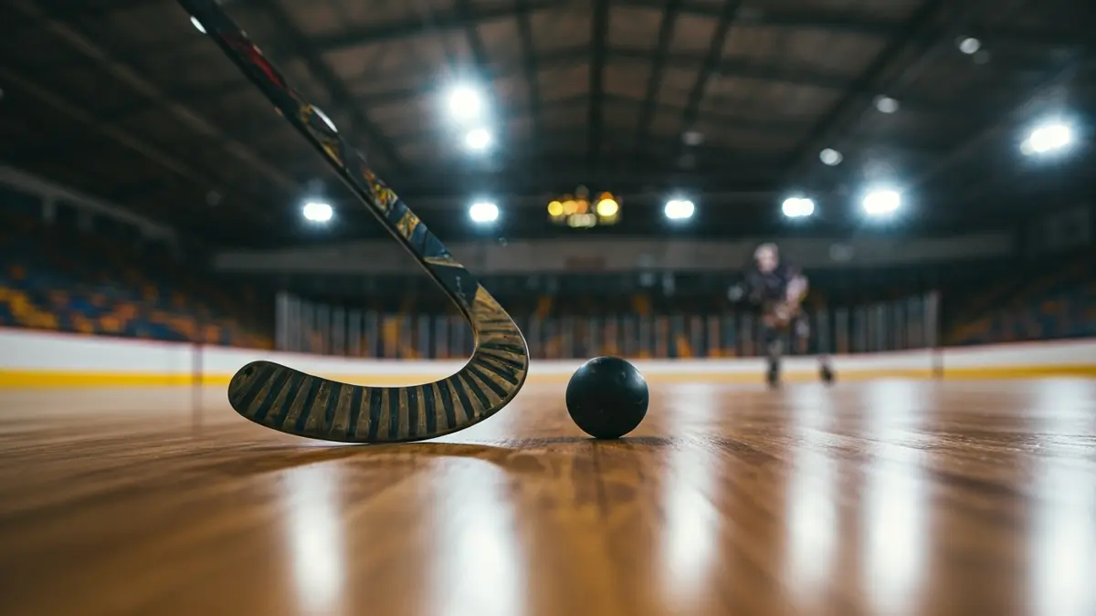 Generic image of a roller hockey stick and ball on a rink.