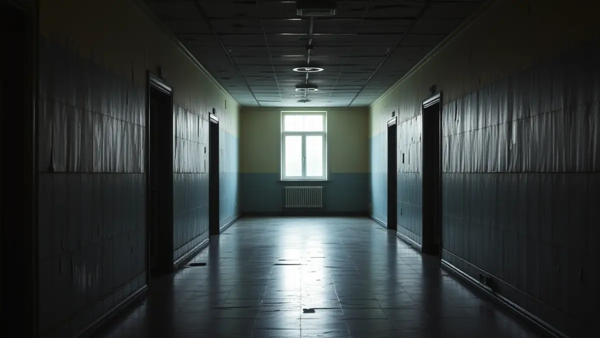 Image of an empty, deteriorated corridor in an old psychiatric hospital.