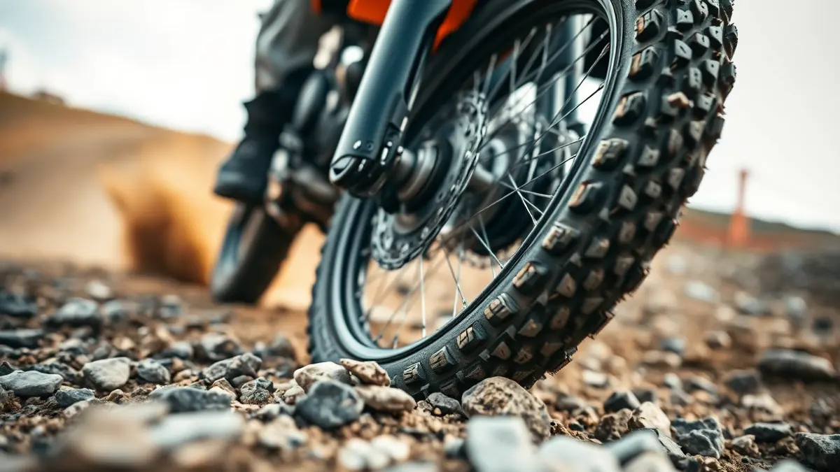 Imatge genèrica d'un pneumàtic de motocicleta de trial en un terreny rocós.