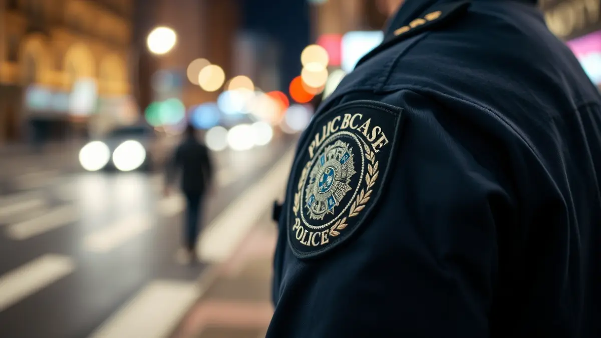 Imatge genèrica d'un distintiu policial sobre un uniforme blau fosc, amb un fons urbà desenfocat.