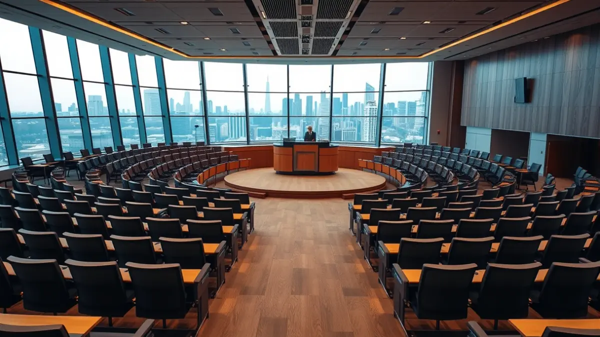 Imatge genèrica d'una sala de plens municipal buida, amb un faristol i cadires.