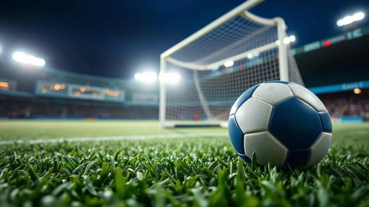 Imatge genèrica d'una pilota d'hoquei herba en un camp, amb la porteria al fons.