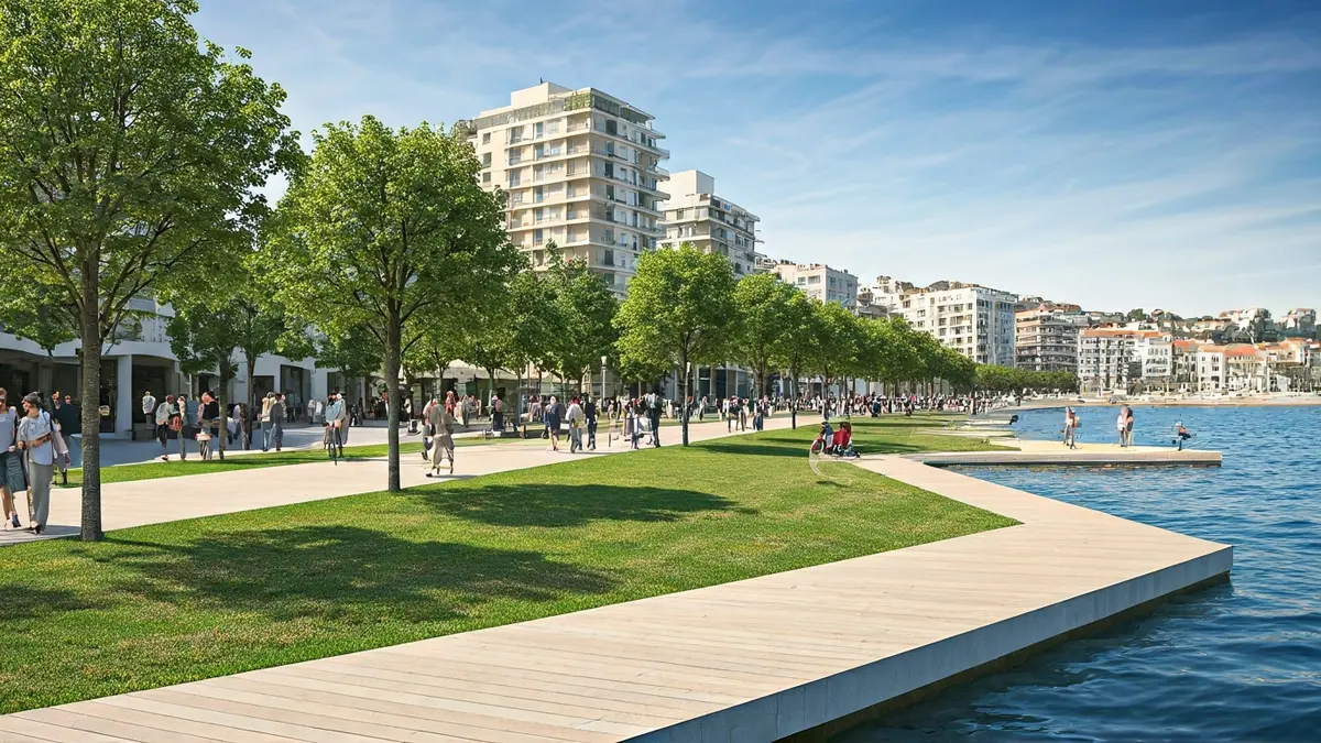 Imatge genèrica d'un parc urbà renovat amb zones verdes i gent passejant.