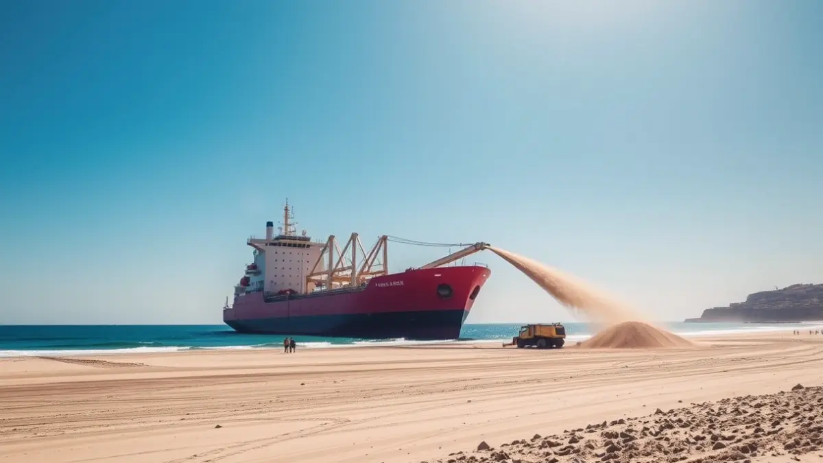 Barco draga y maquinaria trabajando en la reposición de arena en una playa mediterránea.