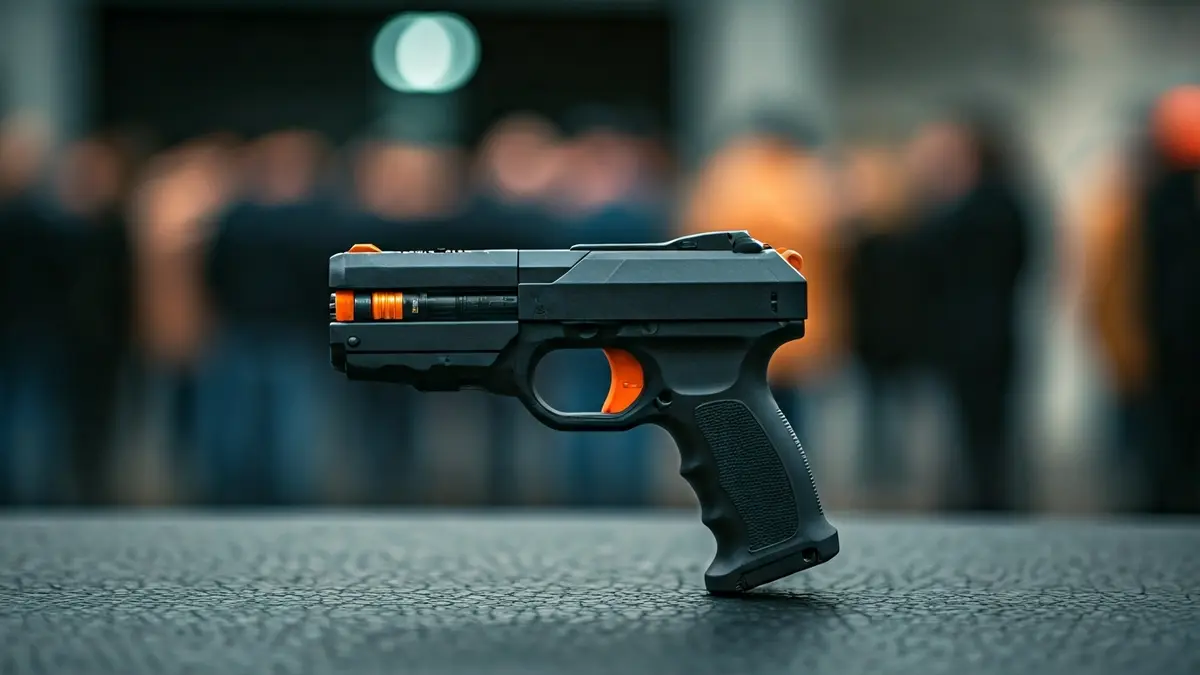 Imatge genèrica d'una pistola tàser, amb un fons borrós que suggereix un entorn policial.