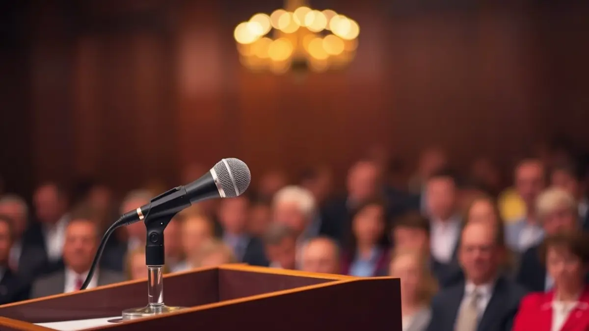 Imatge genèrica d'un micròfon en un faristol, simbolitzant un discurs institucional.