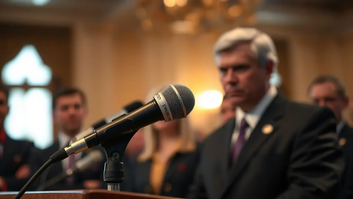 Imagen genérica de un micrófono en un atril durante una rueda de prensa.