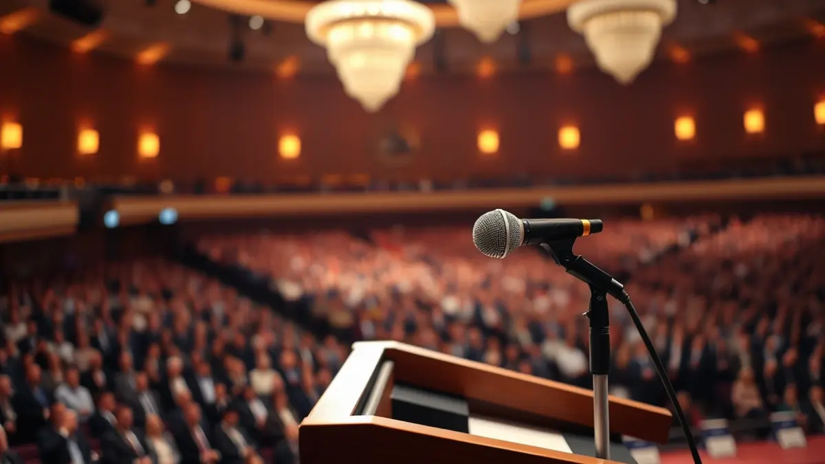 Generic image of a microphone on a podium during a political conference.