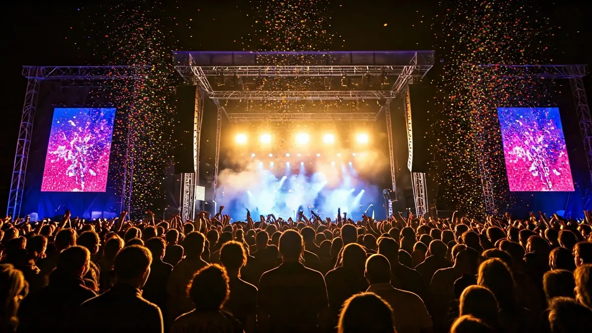 Imagen genérica de un festival de música con una multitud borrosa y luces de colores.