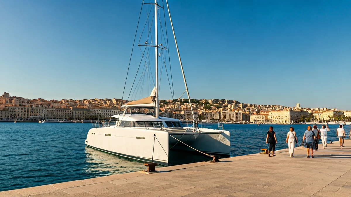 Imatge genèrica d'un catamarà de vela atracat en un port mediterrani amb activitat de vianants.