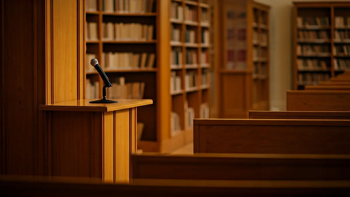 Imatge genèrica d'un interior d'institut o centre educatiu amb un faristol i cadires