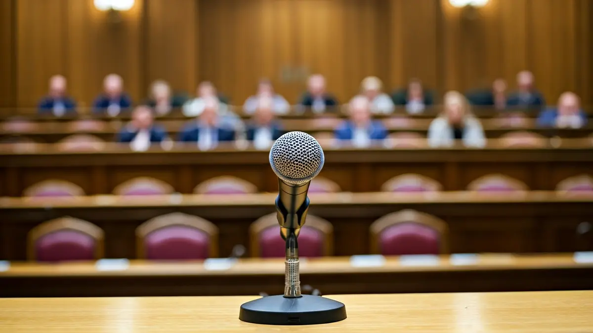 Generic image of a microphone on a podium in an empty council chamber.